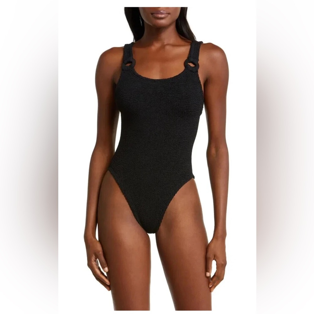 NWT HUNZA G DOMINO RING HARDWARE ONE-PIECE SWIMSUIT BLACK WOMEN'S ONE SIZE